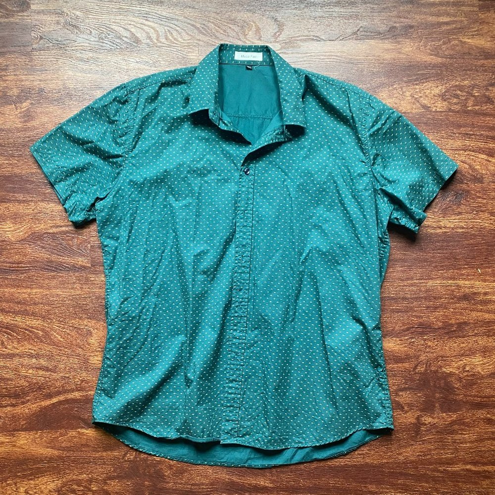 Muse Fath Green short sleeved button down shirt with yellow accents